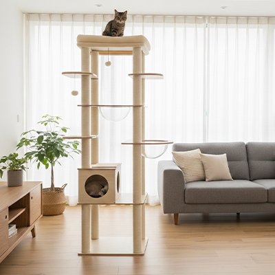 arbre a chat en bois - avec un chat en haut de l'atrbre