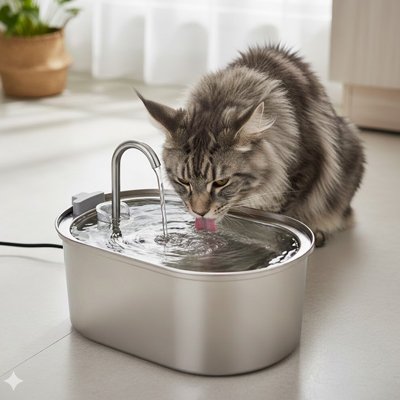 Fontaine chat acier - chat gris