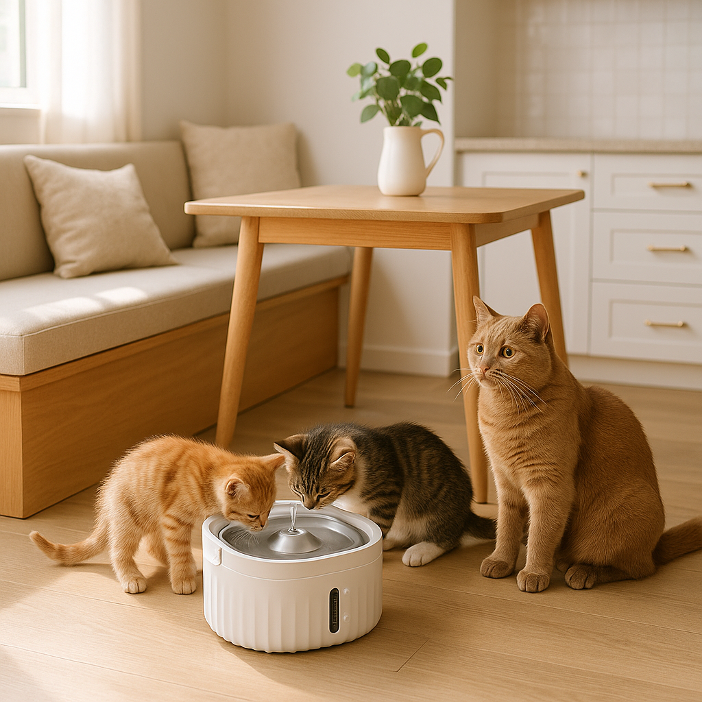fontaine_chat_inox_chatons et mere