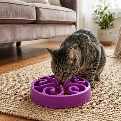 Gamelle anti glouton chat qui mange dans une gamelle violette