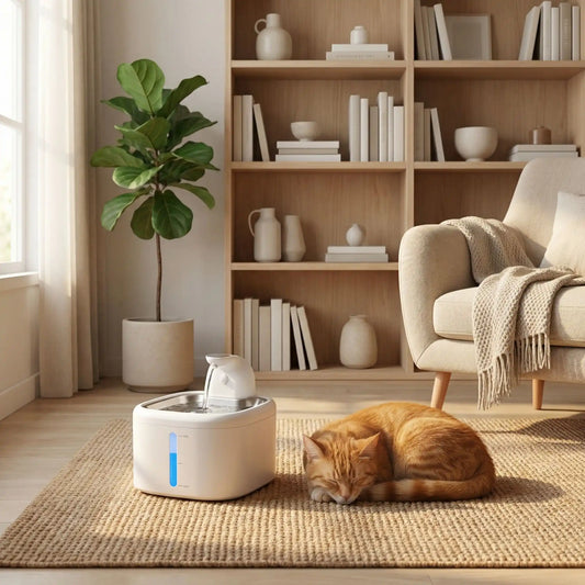 Chat tigré qui boit à la fontaine à eau sans électricité pour chat qui dort dans une salle à manger moderne