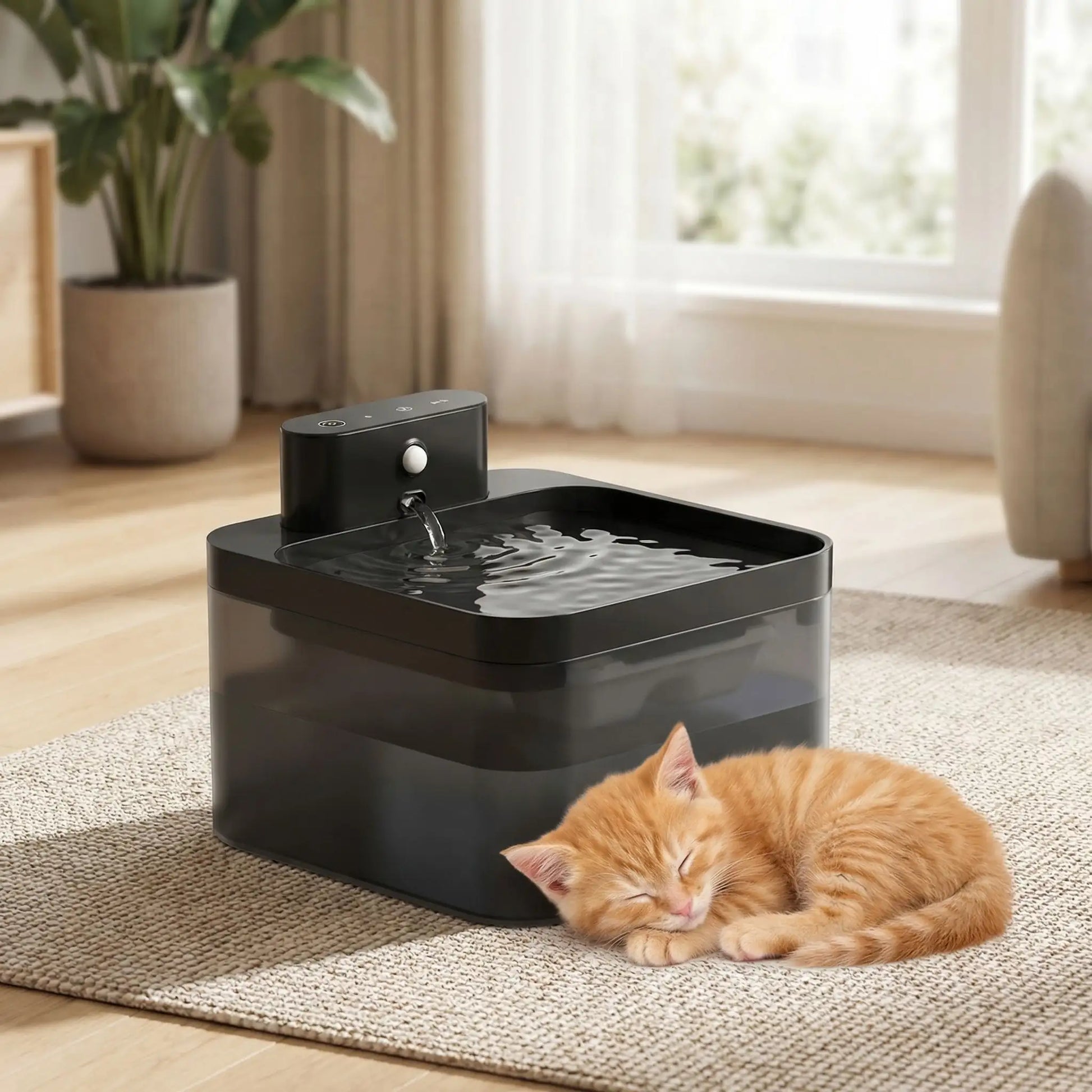 Fontaine chat sans fil - chaton qui dort auprès de la fontaine silencieuse