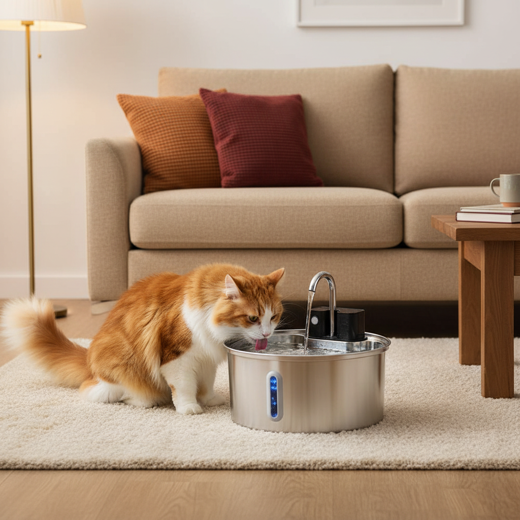 Fontaine_eau_sans_electricite_pour_chat Chat salon