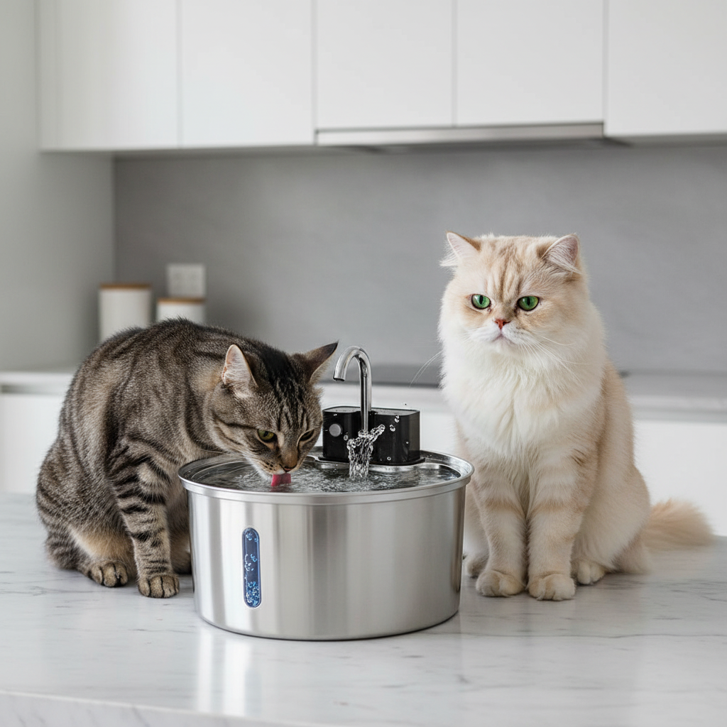 Fontaine_eau_sans_electricite_pour_chat Deux chats cuisine