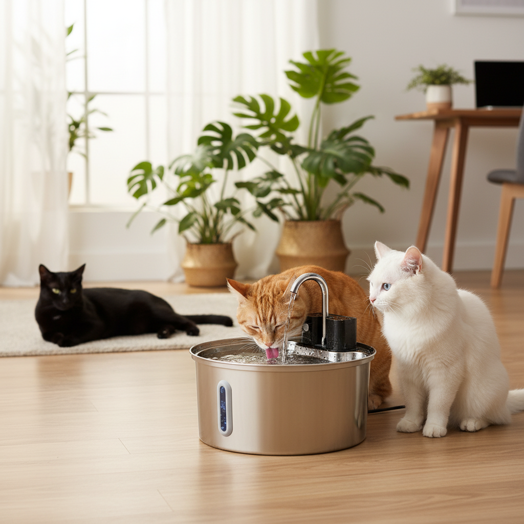 Fontaine_eau_sans_electricite_pour_chat Trois chats bureau