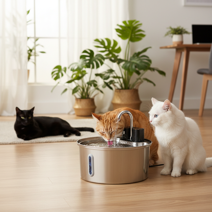 Fontaine_eau_sans_electricite_pour_chat Trois chats bureau