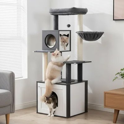 Arbre a chat en bois chat blanc