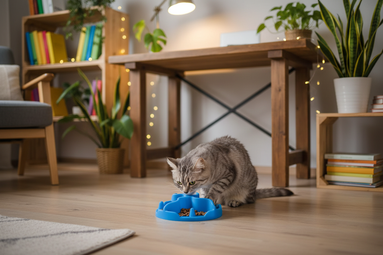 Chat avec gamelle bleue sans rebord - bureau