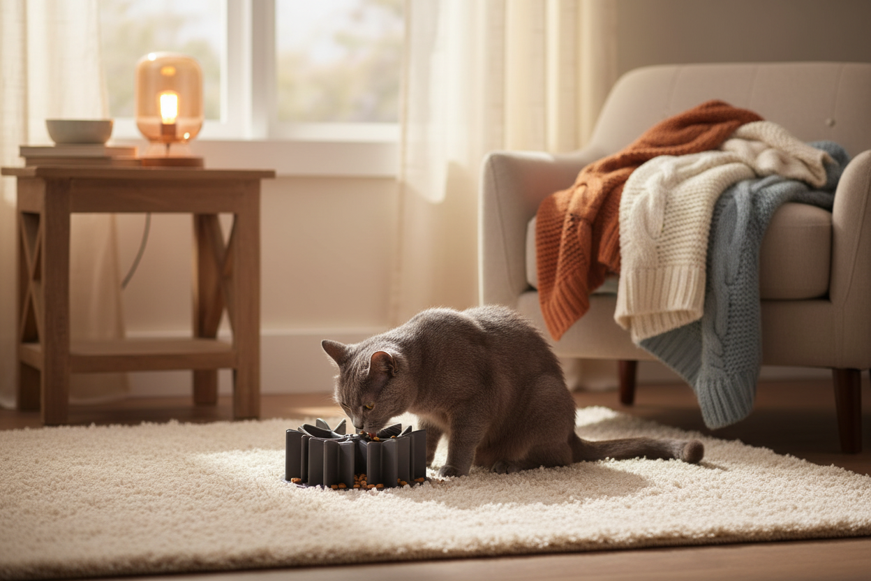 Chat avec gamelle dans coin chambre cosy