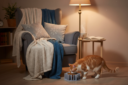 Chat avec gamelle dans coin lecture