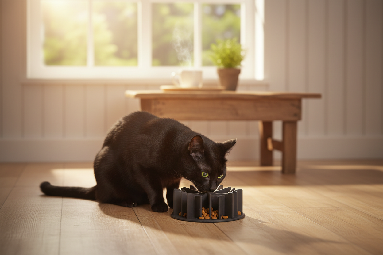 Chat avec gamelle dans cuisine chaleureuse