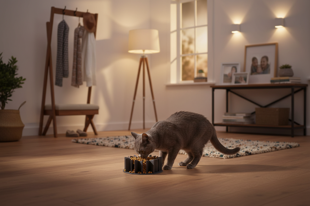 Chat avec gamelle dans entrée chaleureuse