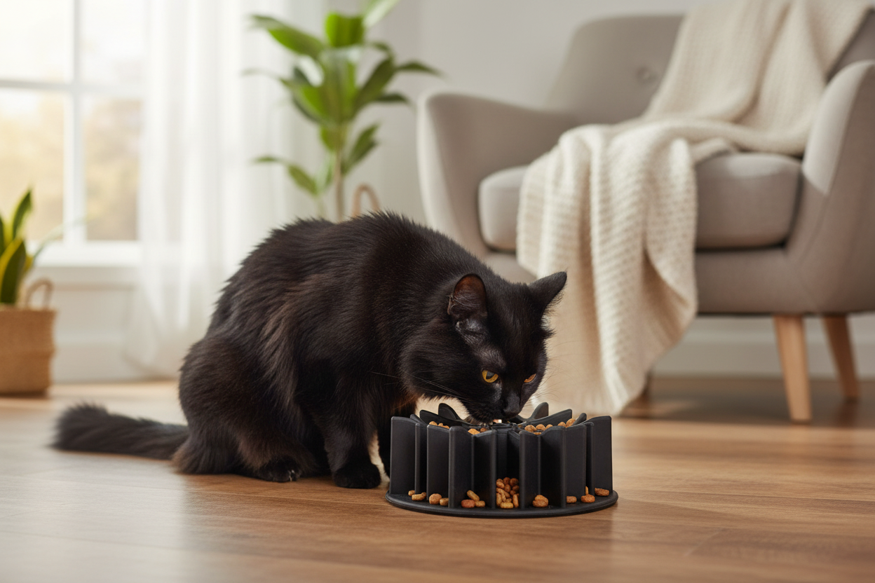 Chat avec gamelle dans intérieur chaleureux