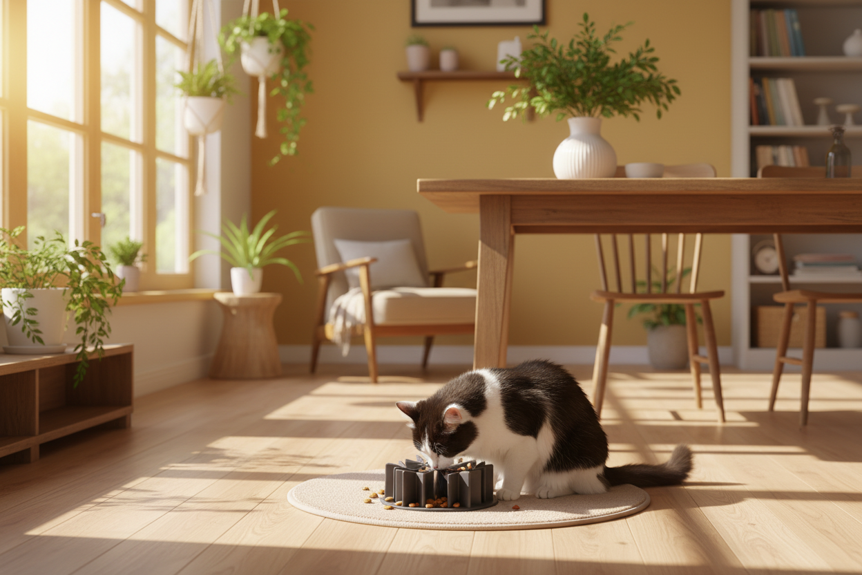 Chat avec gamelle dans salle à manger ensoleillée
