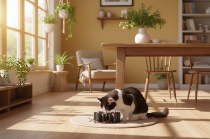 Chat avec gamelle dans salle à manger ensoleillée