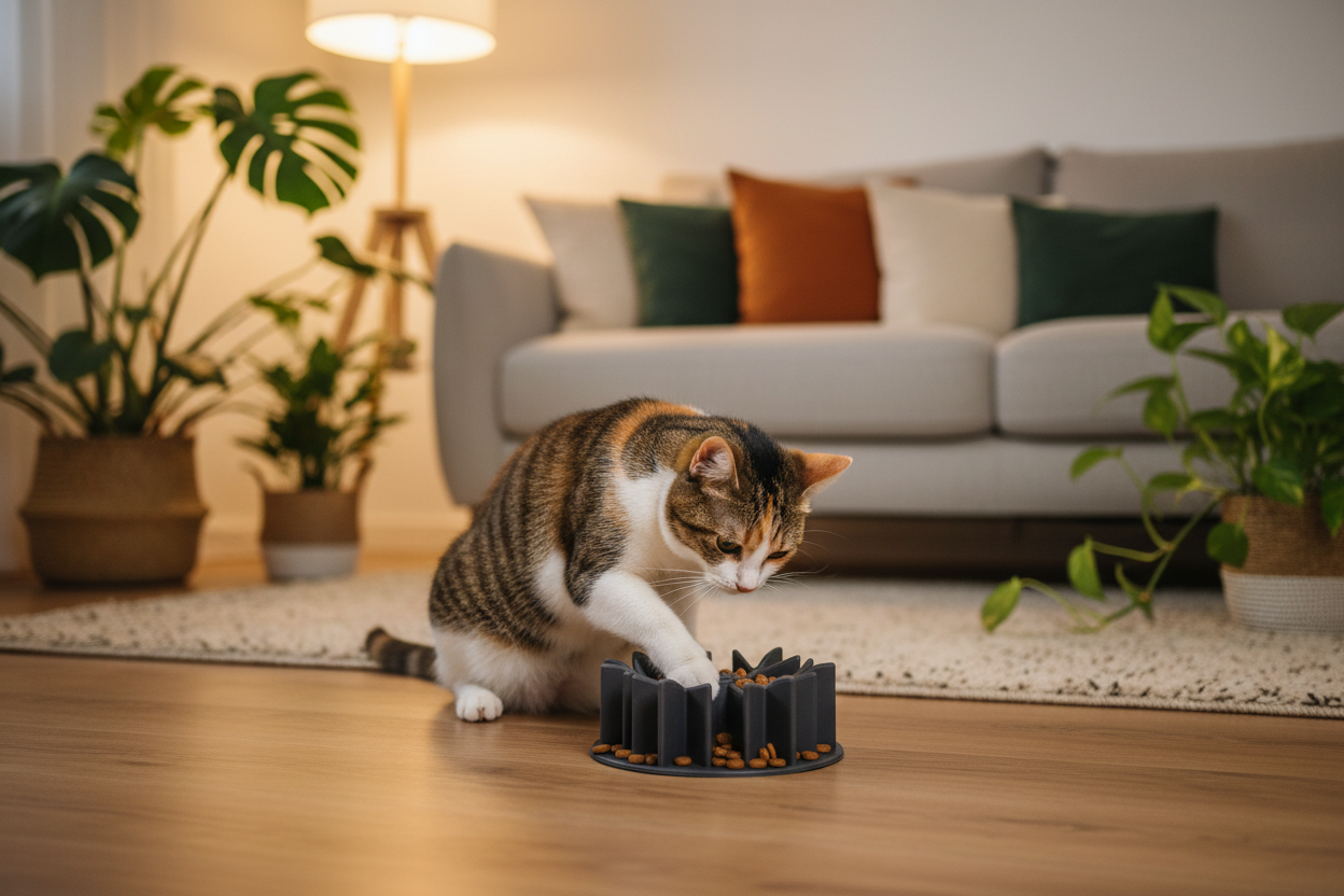 Chat avec gamelle dans salon cosy