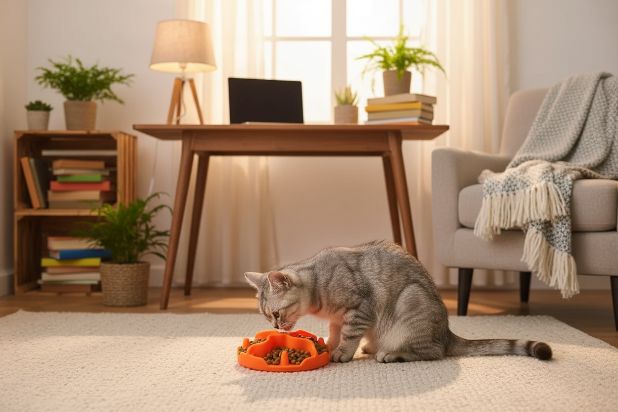 Chat avec gamelle orange - bureau