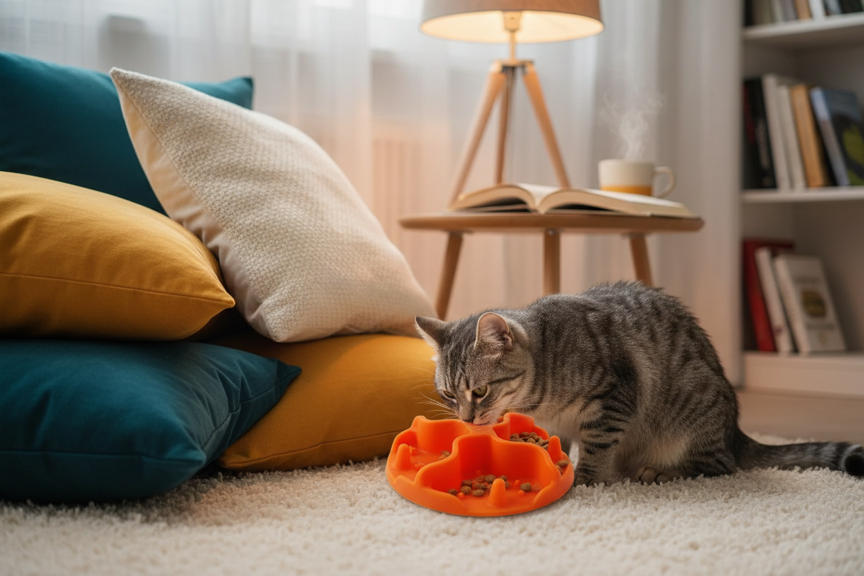 Chat avec gamelle orange - coin lecture