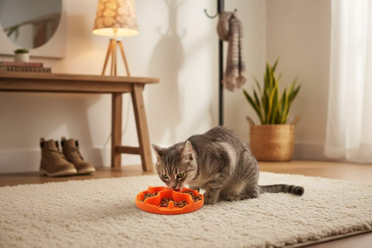 Chat avec gamelle orange - entrée