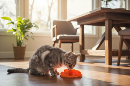 Chat avec gamelle orange - salle à manger