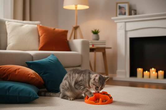 Chat avec gamelle orange - salon