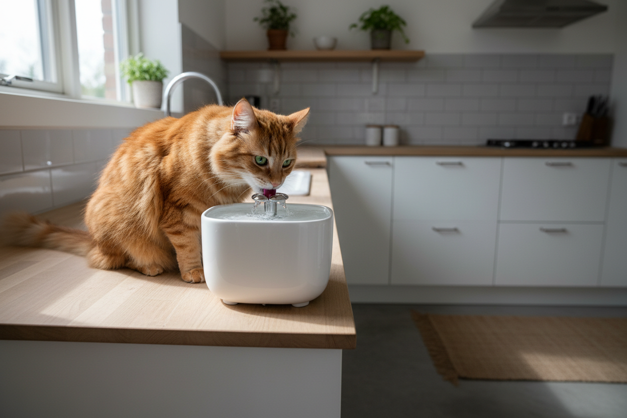 Chat buvant dans la fontaine blanche — cuisine