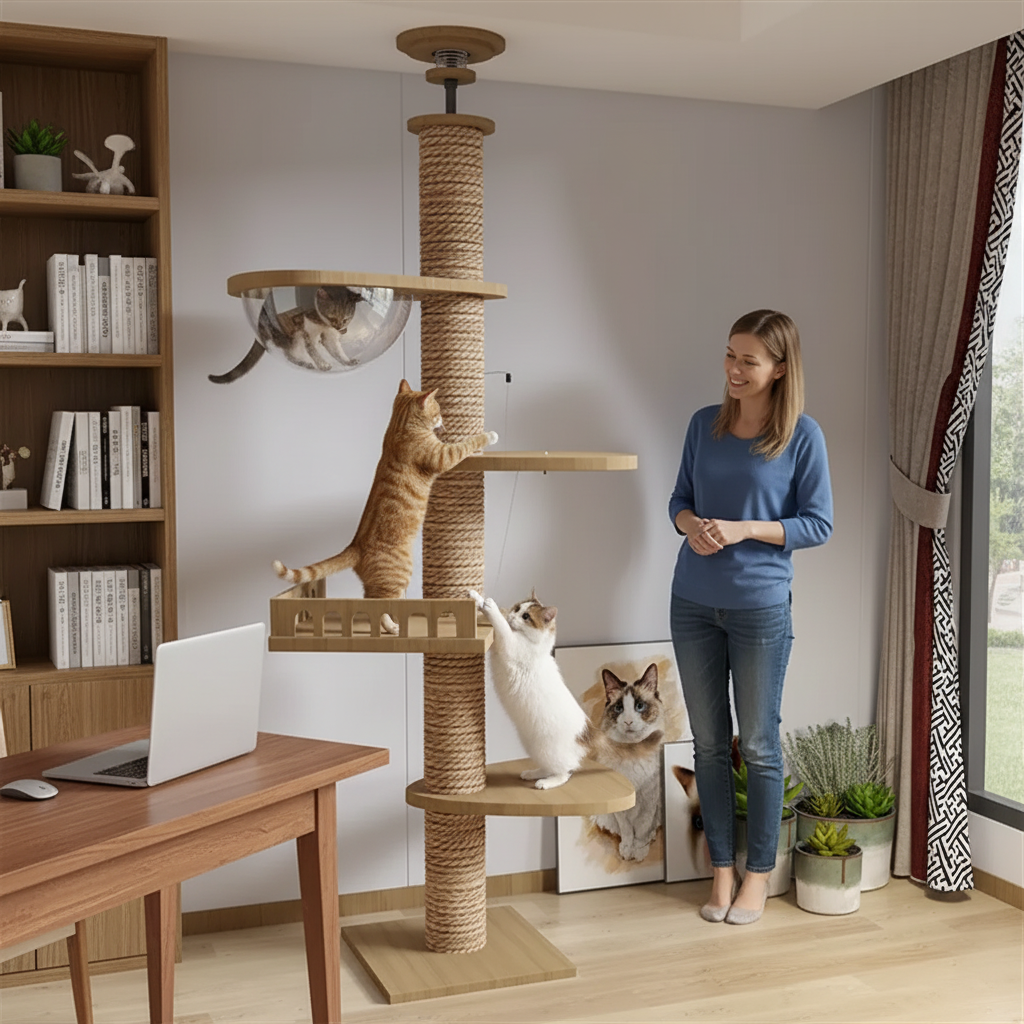 Chats jouant sur l'arbre dans le bureau
