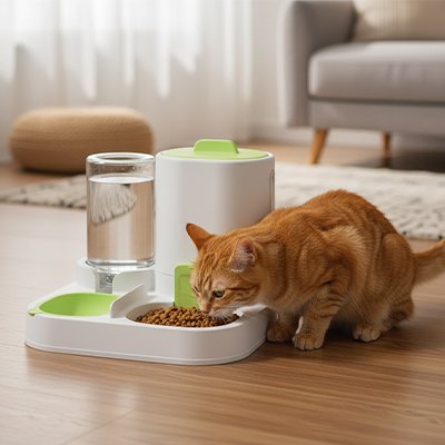 distributeur-de-croquettes-pour-chat_vert et blanc chat roux