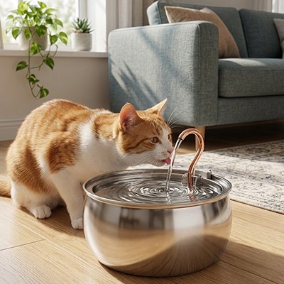 fontaine a eau Chat - le chat boit accroupi
