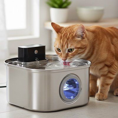Fontaine à eau pour chat sur batterie - detecteur