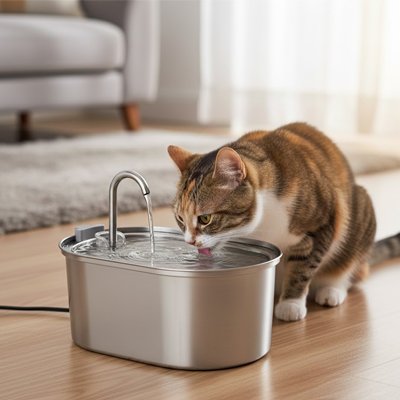 Fontaine chat acier - chat boit