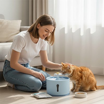 Fontaine chat - chat avec son maitre