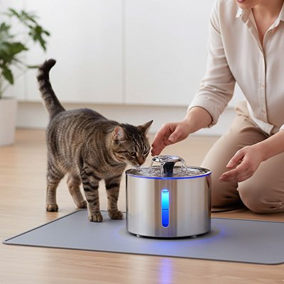 Fontaine chat inox - chat qui boit