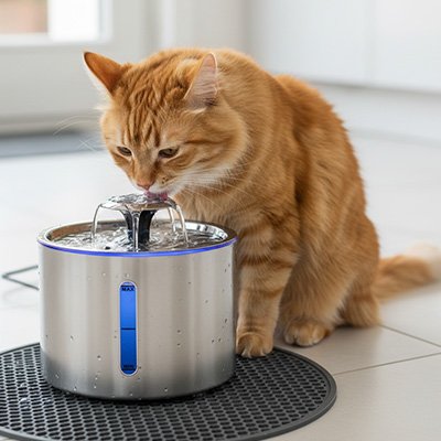 Fontaine chat inox - lumière bleue