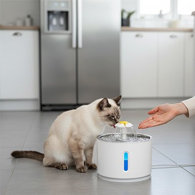 Fontaine chat propriétaire montre au chat