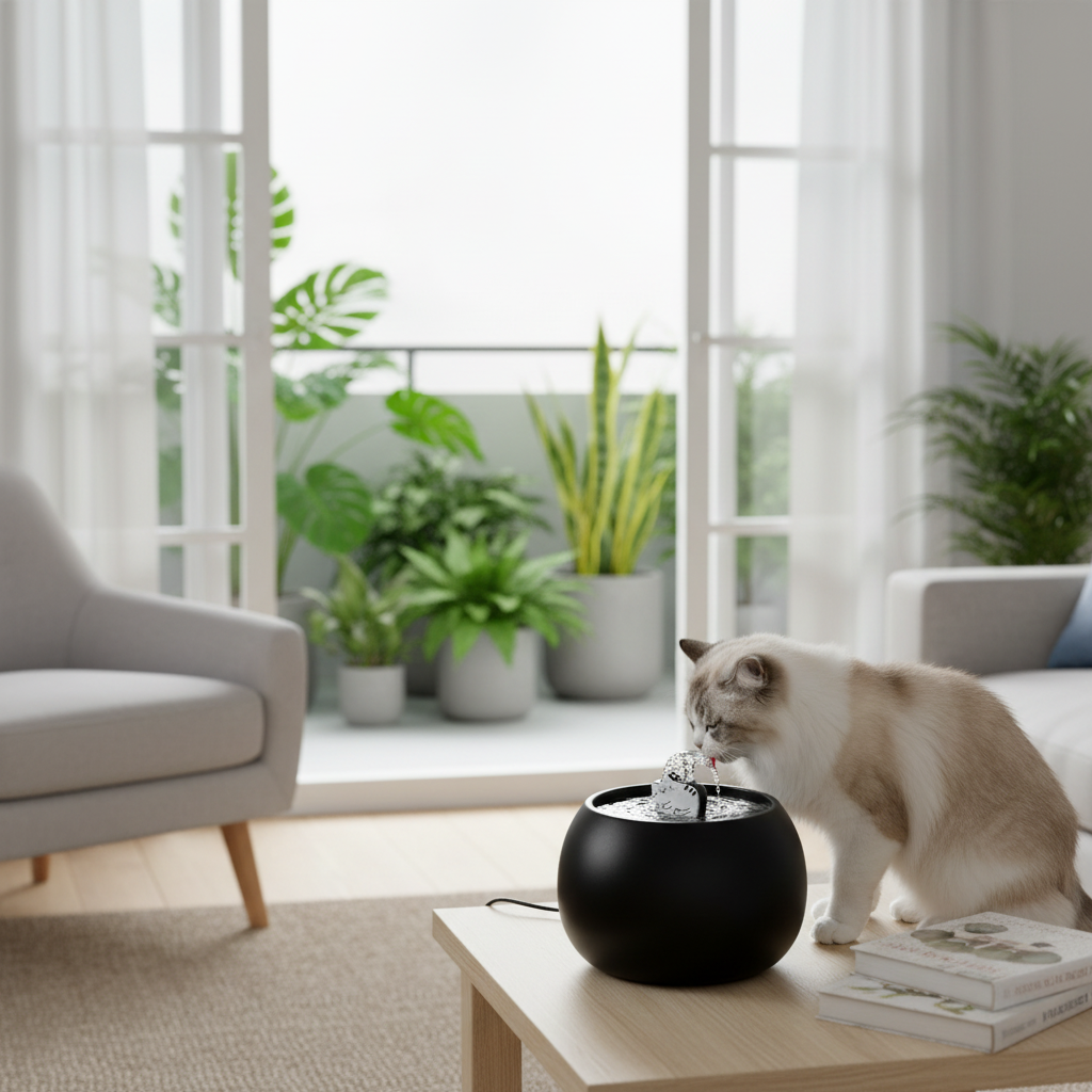 Fontaine chat ceramique en situation