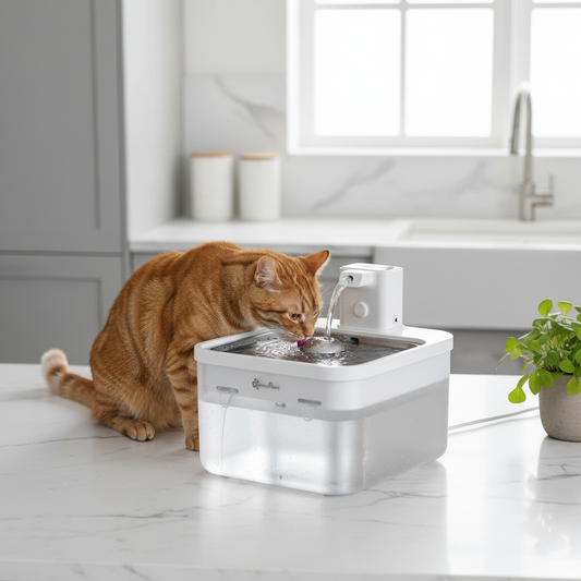 Fontaine à eau pour chat sans électricité DownyPaws autonome 30j dans une cuisine moderne, chat roux tabby qui boit