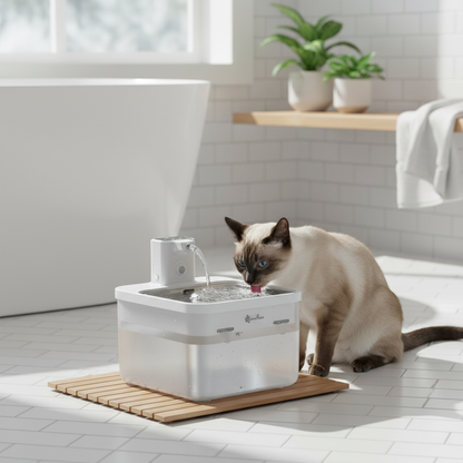 Fontaine à eau pour chat sans électricité DownyPaws autonome 30j dans une salle de bain spa, chat Siamois qui boit