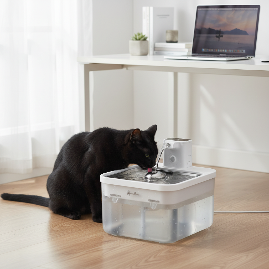Fontaine à eau pour chat sans électricité DownyPaws autonome 30j dans un bureau, chat noir qui boit, laptop en arrière-plan