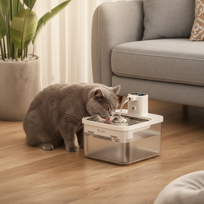 Fontaine à eau pour chat sans électricité DownyPaws autonome 30j dans un salon cosy, British Shorthair gris qui boit