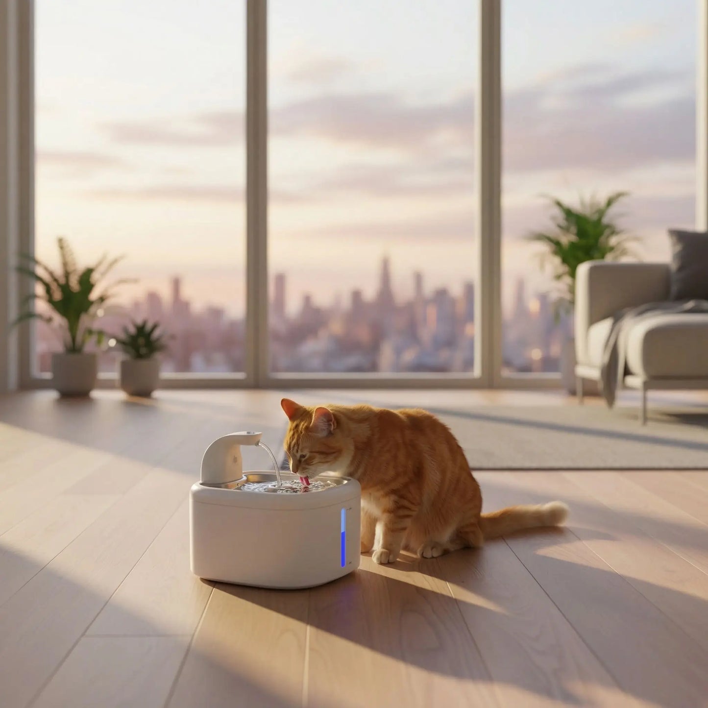 fontaine_a_eau_pour_chat_sans_electricite_chat qui boit dans un salon