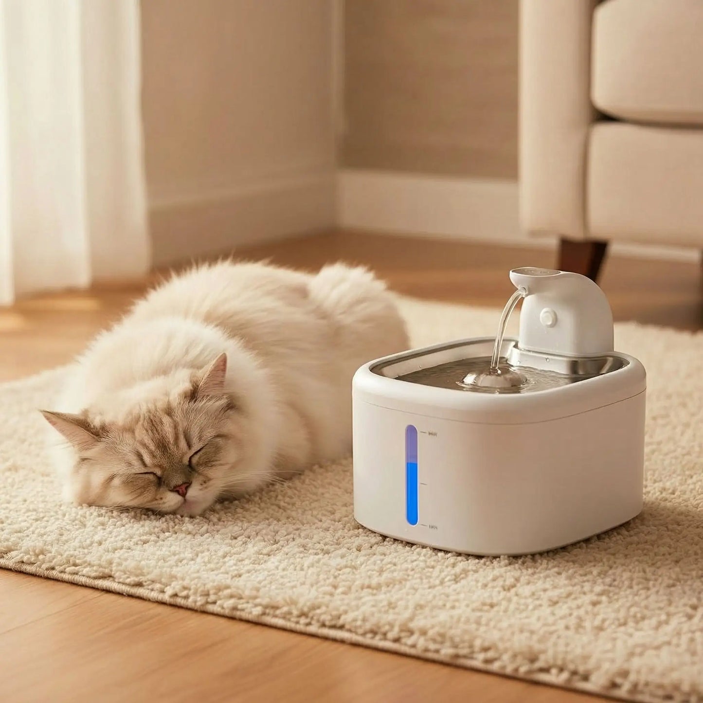 fontaine_a_eau_pour_chat_sans_electricite_chat qui dort sur le tapis