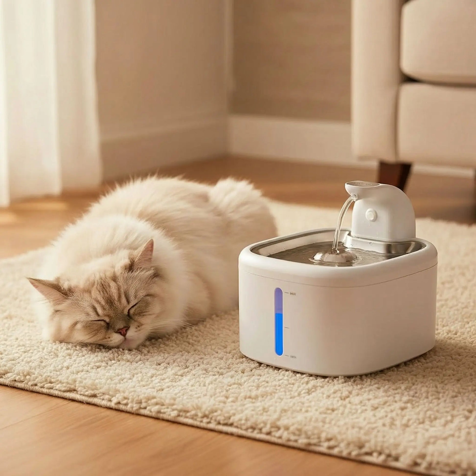 fontaine_a_eau_pour_chat_sans_electricite_chat qui dort sur le tapis