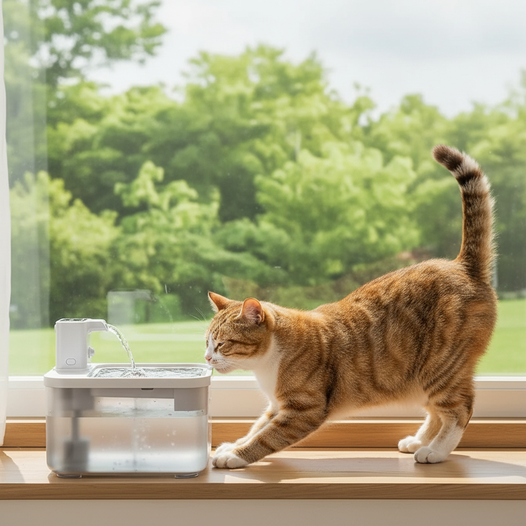 Fontaine à eau pour chat sans électricité DownyPaws autonome 30j sur rebord de fenêtre ensoleillé, chat tabby qui s'étire