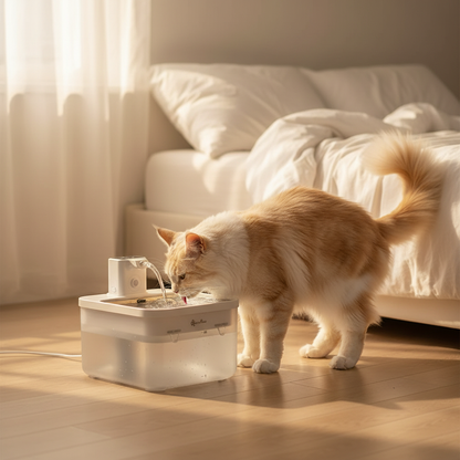 Fontaine à eau pour chat sans électricité DownyPaws autonome 30j dans une chambre, Maine Coon qui boit, lumière dorée