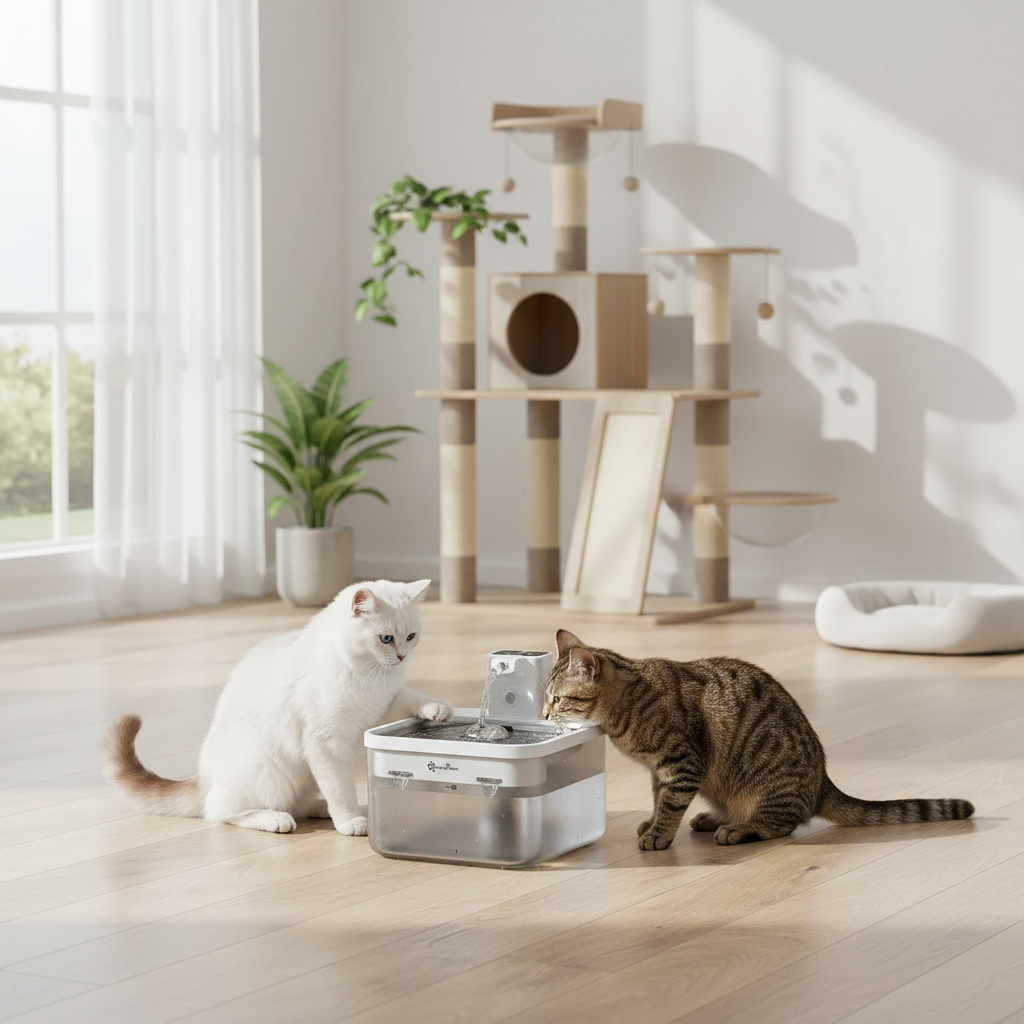 Fontaine à eau pour chat sans électricité DownyPaws autonome 30j dans une salle de jeux, deux chats tabby et blanc qui boivent