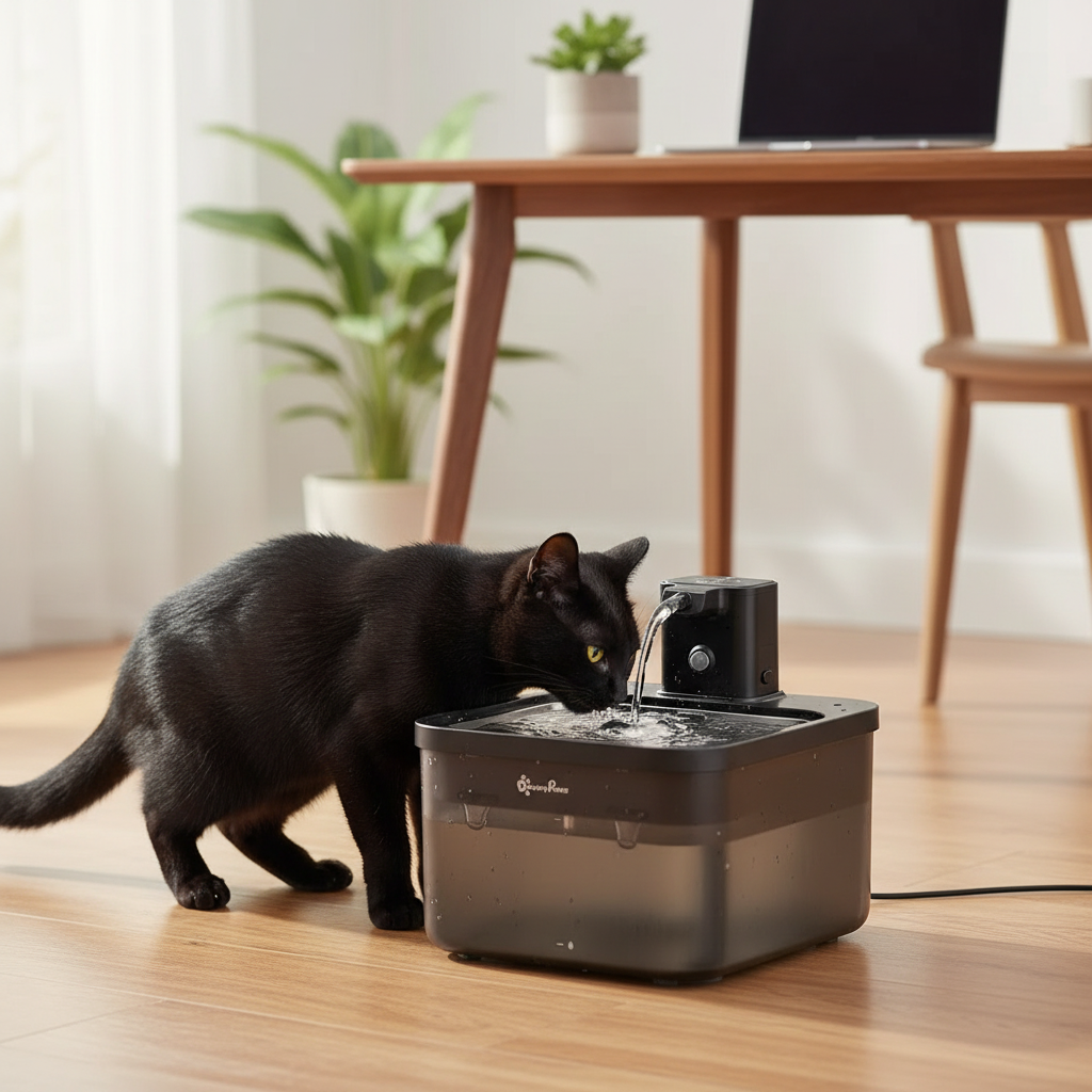 Fontaine à eau pour chat DowryPaws sans fil dans un bureau, chat noir qui boit, laptop en arrière-plan