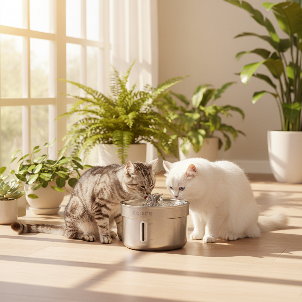 Fontaine à eau pour chat sans électricité en inox 2L sur véranda ensoleillée, deux chats qui boivent ensemble