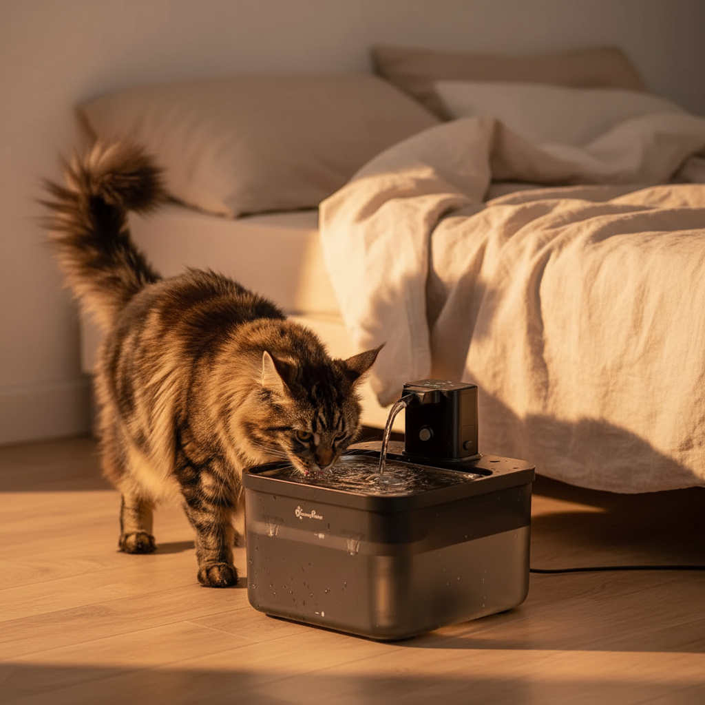 Fontaine à eau pour chat DowryPaws sans fil dans une chambre, Maine Coon qui boit, lumière dorée