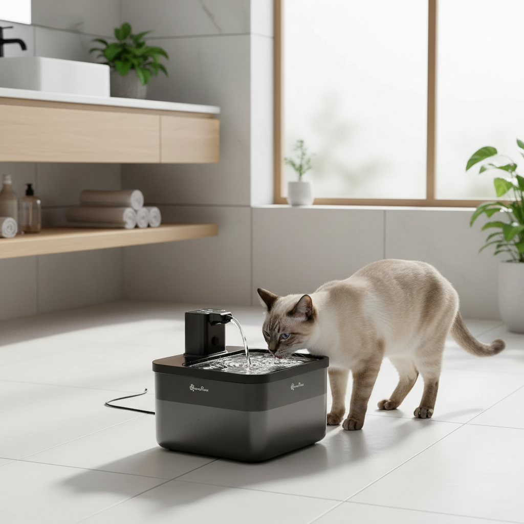 Fontaine à eau pour chat DowryPaws sans fil dans une salle de bain spa, chat Siamois qui boit